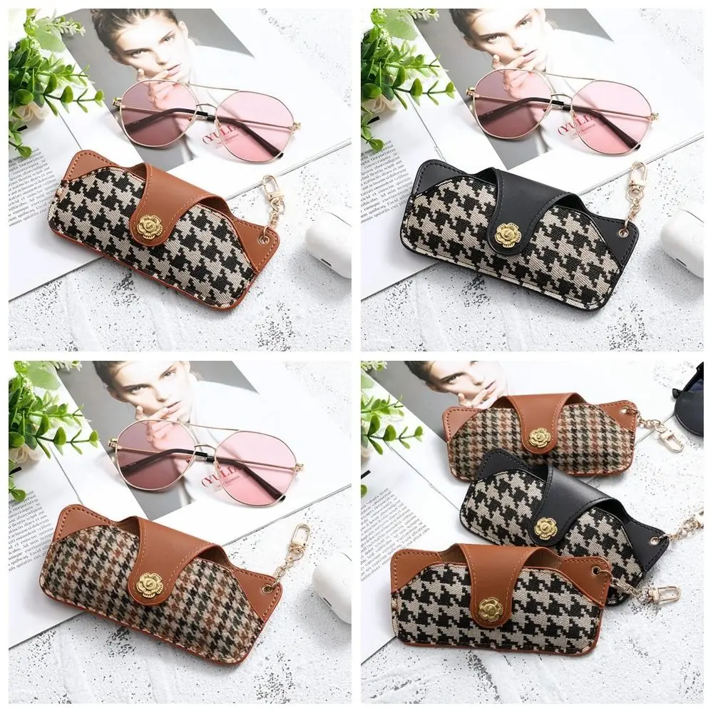 Printing Houndstooth Glasses Bag PU Leather Sunglasses Pouch Glasses Storage Bag Eyewear Protector Case with Hanging Buckle