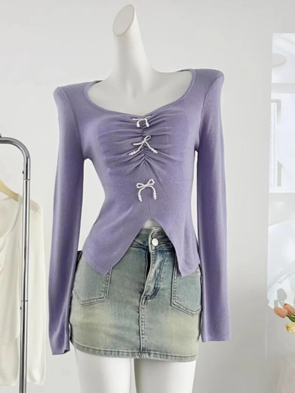 

Korean Sweet Spicy Knot V-ne Knitwear Women's Autumn Winter Irregular Slit Sexy T-irt Waist-cinching Slimming Top