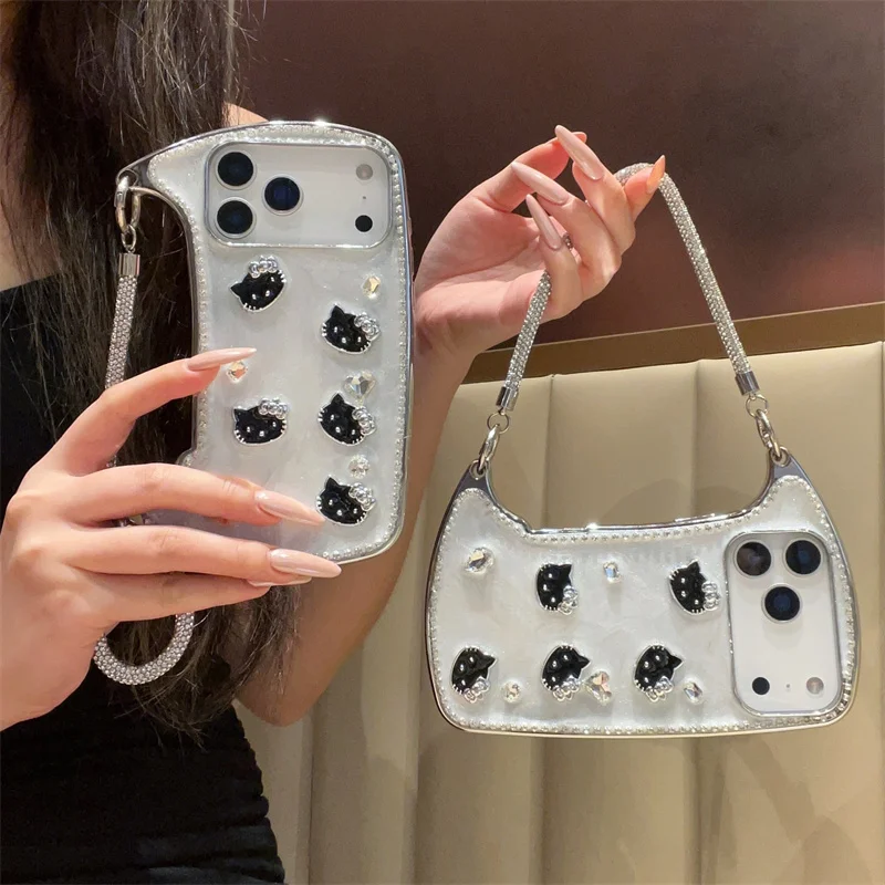 

Fashion Cute Black Kitty Hand Bag Phone Case For iPhone 17 Pro 16 15 14 Pro Max Back Cover with Chain Cartoon Protective Cases C