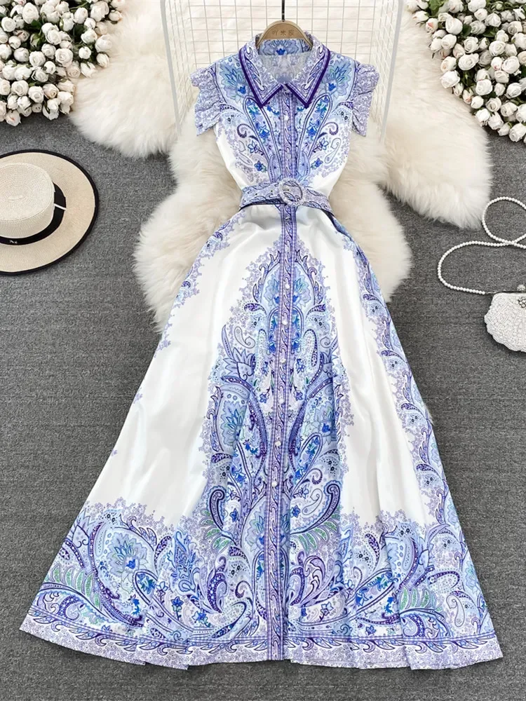 

2023 Summer Fashion Runway Maxi Dress Women's Sleeveless Ruffles Single Breasted High Waist Belt Vintage Printed Vestidos