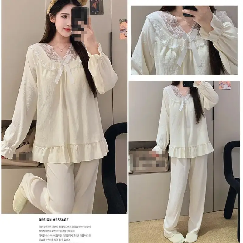 Women's Lace V-Neck Pullover Long Sleeved Long Pant Home Suit Set for Girls In Spring Autumn New Pajamas for Women Two-Piece Set