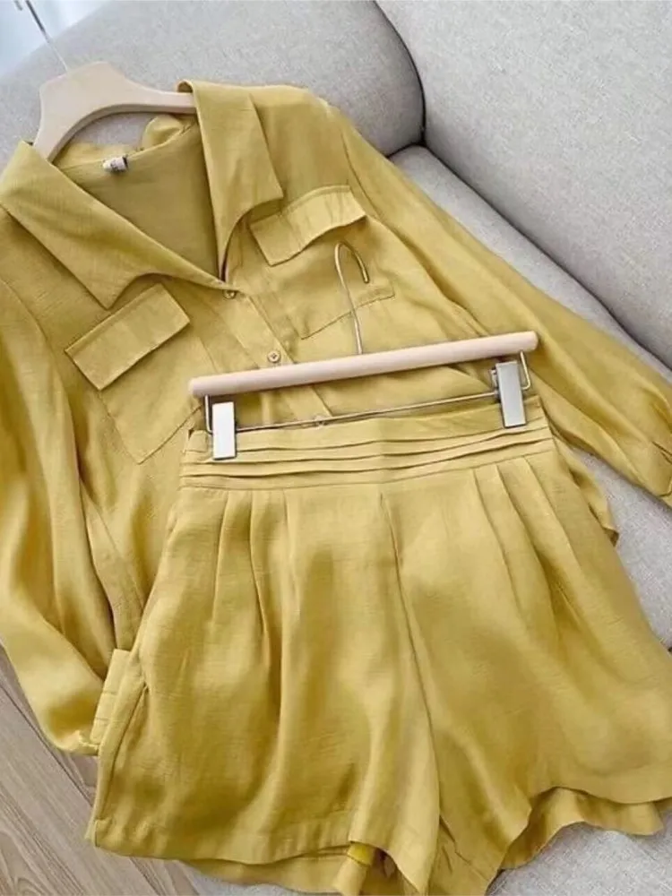 Spring Summer Solid Color Short Set Women Simple Casual Style Long Sleeve Shirts Shorts Two Piece Sets Temperament Lady Clothing