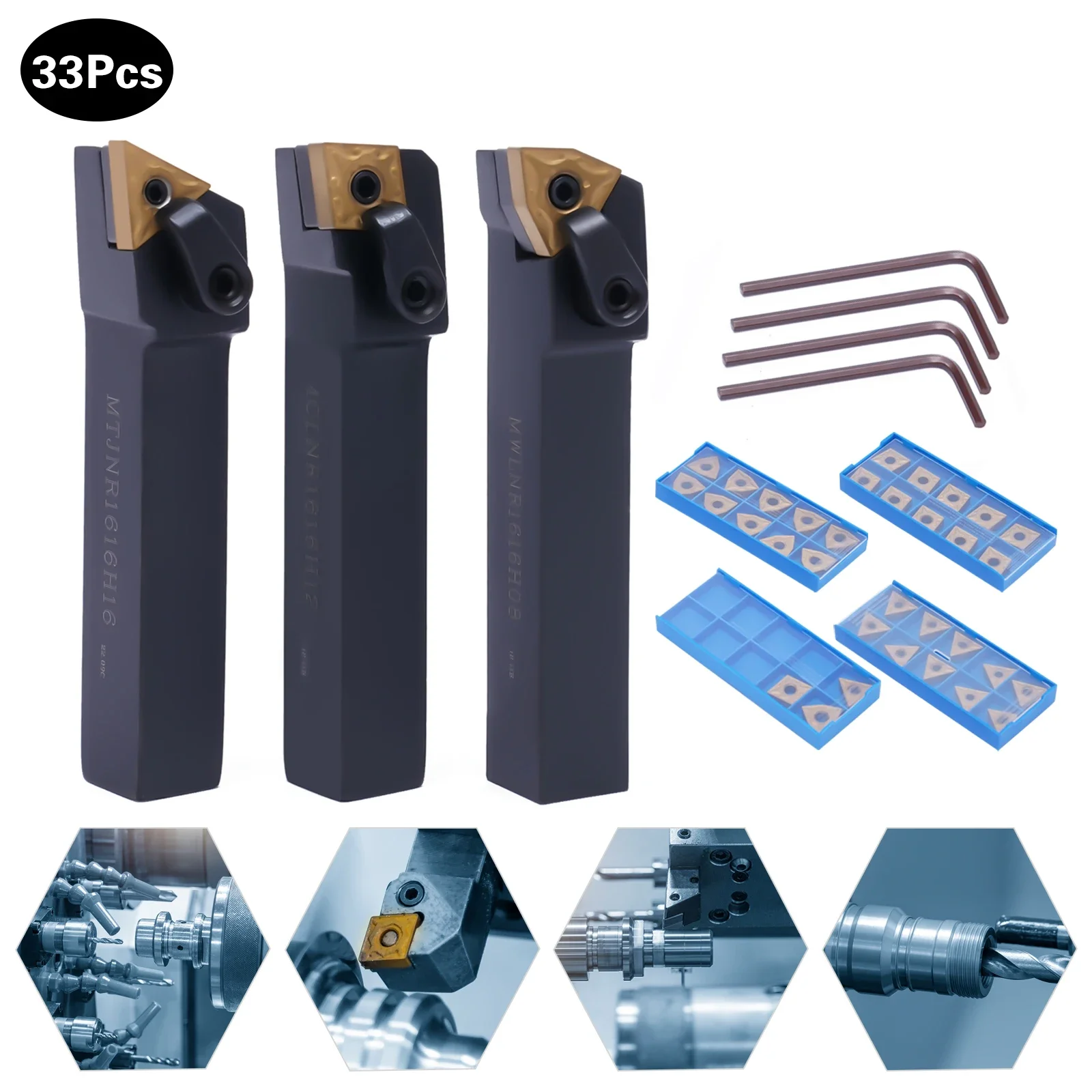

33pcs Lathe Tool Kit, Carbide Turning Set with Indexable Holders & Blades, Includes 3 Tool Holders, 4 Hex Keys for Metalworking