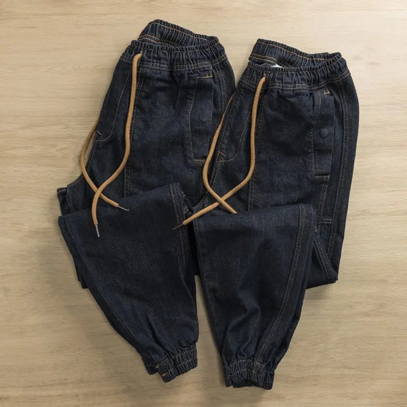 

Мужские свободные джинсовые брюки в японском ретро-стиле из хлопка с эластичным поясом, износостойкие, для работы и повседневного использования