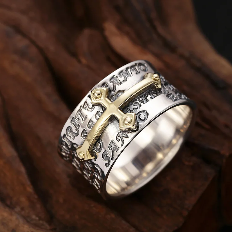 Adorno de plata de ley s925 para hombre, anillo de Cruz de personalidad virgen, dedo índice de plata tailandesa, retro, desgastado, único, de moda