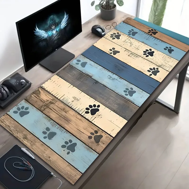 CIFBUY Wood Grain Paw Print Mouse Pad Large Gaming Desk Mat Non Slip Rubber Base Washable for PC Office Home Decor Gift