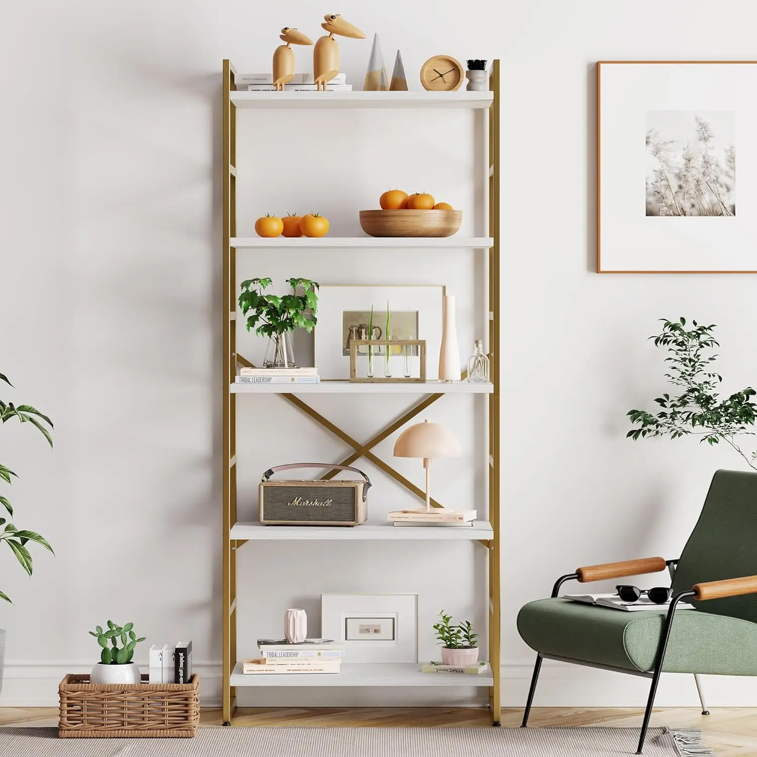 Comfort Corner 5 Tier Bookshelf, Free Standing Bookcase  Wood Open Shelves Frame, Vintage Storage Display Rack for Living Room