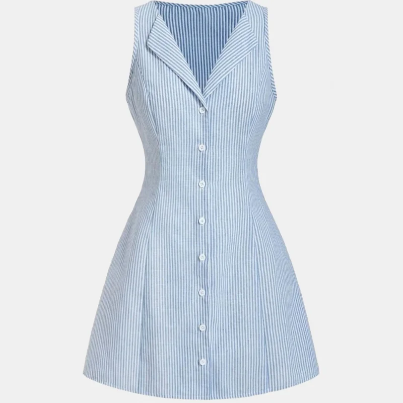 Mulheres verão novo elegante comute sem mangas vestido listrado emagrecimento lapela pescoço estilo europeu e americano mini vestido para mulher