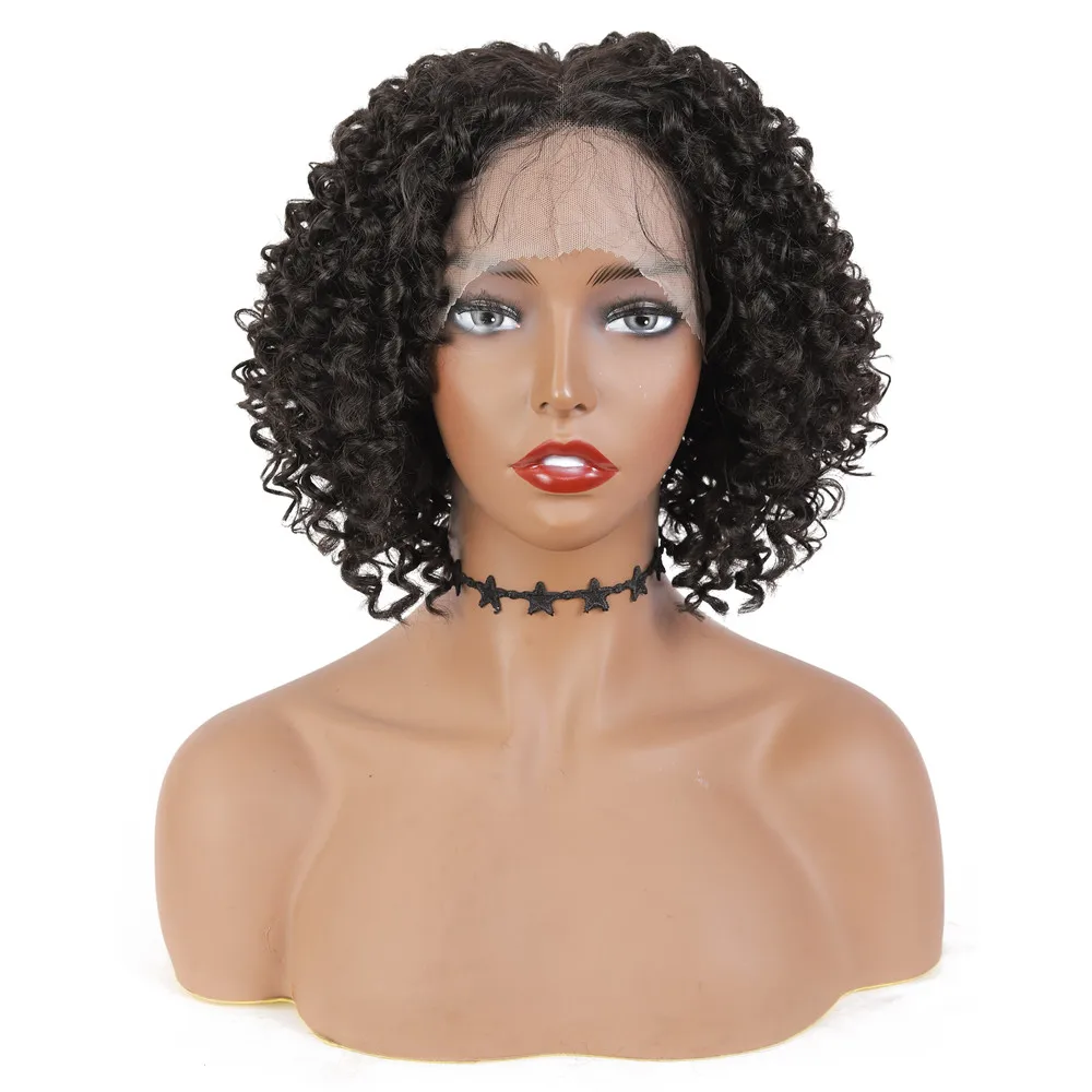 X-TRESS Short Kinky Curly Bob Wigs Synthetic Lace Front Wig for Black Women 12 Inch Dark Brown T Part Lace Wig With Baby Hair