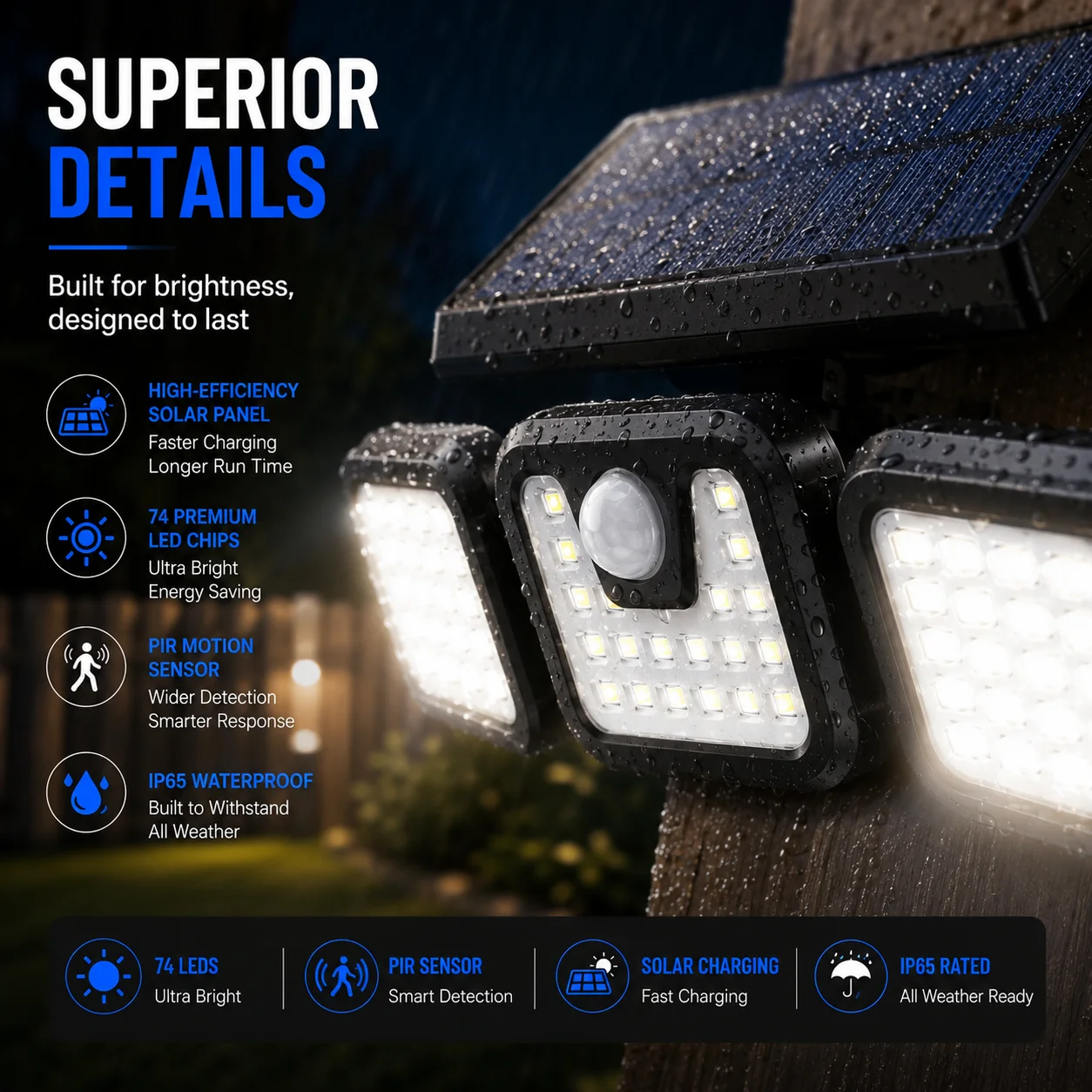 3-Head Solar Outdoor Security Light Motion Sensor LED Floodlight IP65 Waterproof, Wireless Wall Mounted Auto Charging Lamp, Ultra Bright for Garden Garage Yard Pathway, Durable Night Safety System Smart Detection Mode Enhanced Reli Outdoor Protection