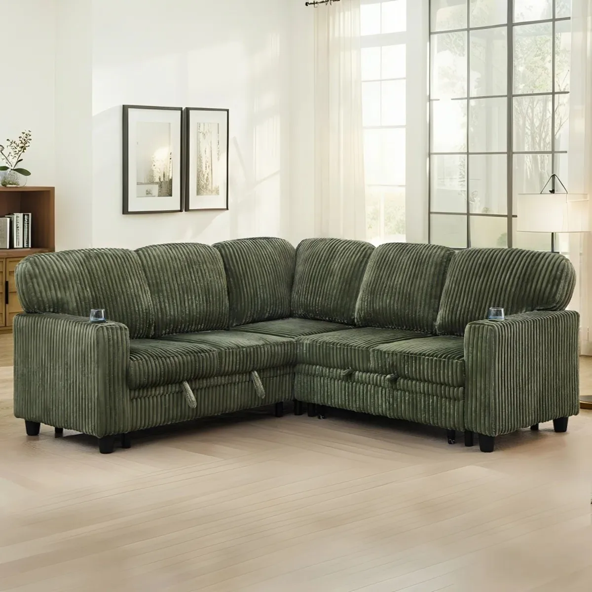 #Sectional Convertible Sleeper Sofa Set with Pull-Out Couch Bed Sponge-Filled Storage Chaise & USB Charging LivingRoom Furniture