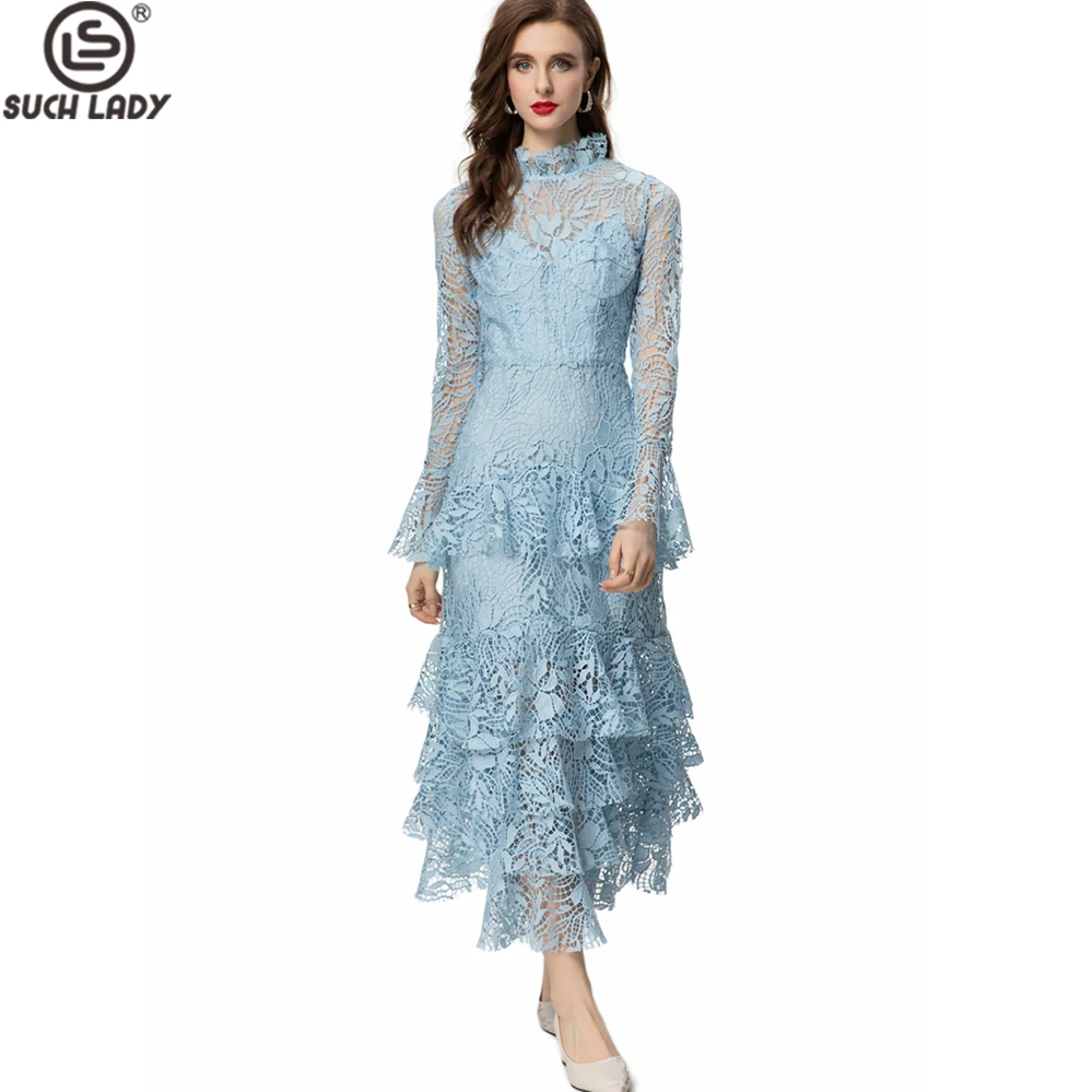 

Women's Runway Dresses Stand Ruffled Collar Long Sleeves Embroidery Lace Hollow Out Elegant Designer Evening Party Prom