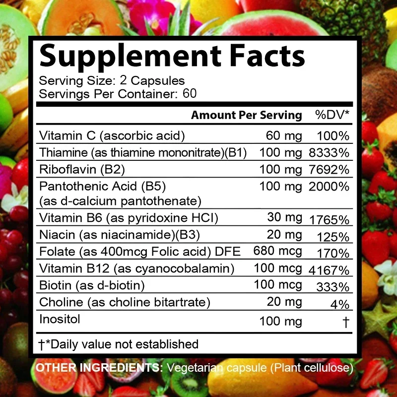 Vitamin B Complex Vitamins B1, B2, B3, B5 and B12, Energy, Metabolism, Immune and Nervous System Support