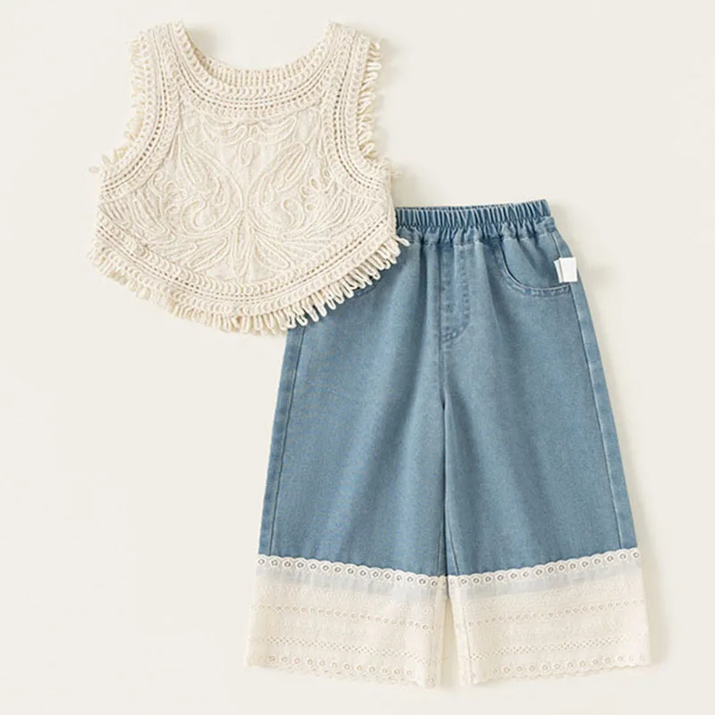 

2Piece Sets Summer Baby Girl Clothes Korean Fashion Lace Cotton Sleeveless Tops+Loose Splice Jeans Boutique Kids Clothing B098