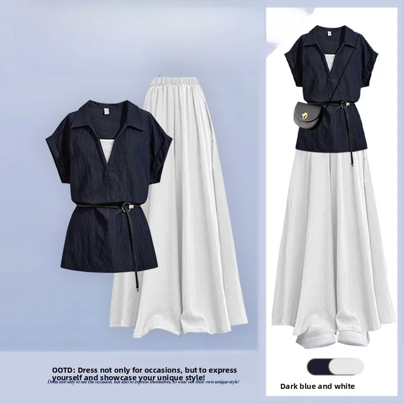 

Korean Style Summer Set Women's Slimming Shirt And High Waist Skirt Two-Piece Suit V-Neck Short Sleeve Long Pants Fashionable