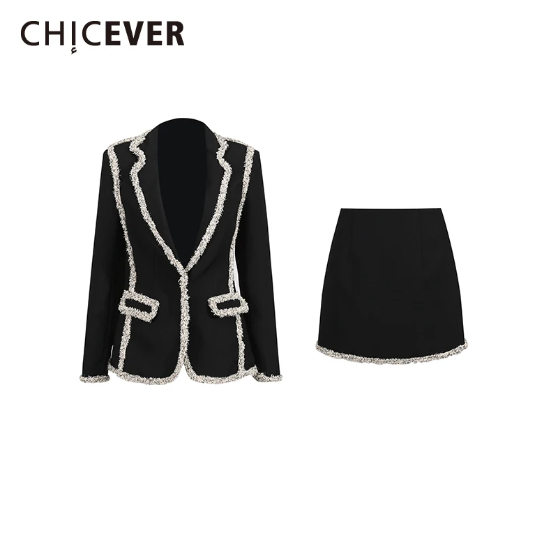 

CHICEVER черный комплект из двух предметов с необработанными краями, женская куртка с лацканами и длинными рукавами, элегантные французские женские комплекты с юбкой, модный стиль