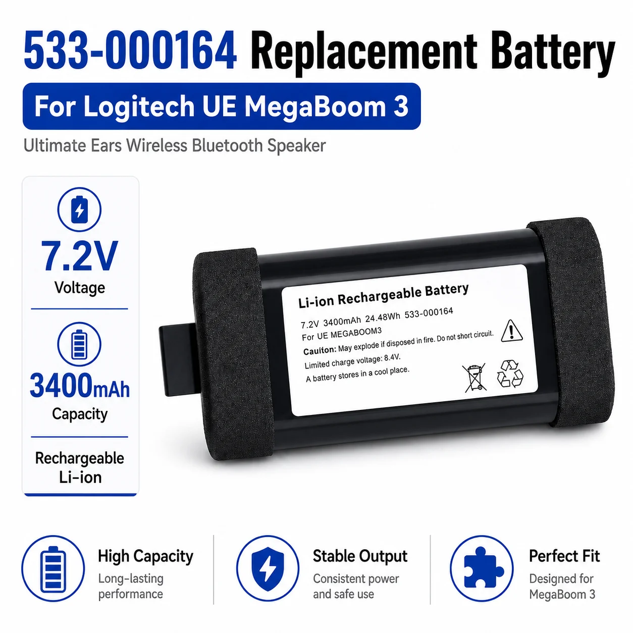 533-000164 Battery 7.2V 3400mAh Fit Logitech UE MegaBoom 3 Ultimate Ears Wireless Bluetooth Speaker Replacement Lithium Battery