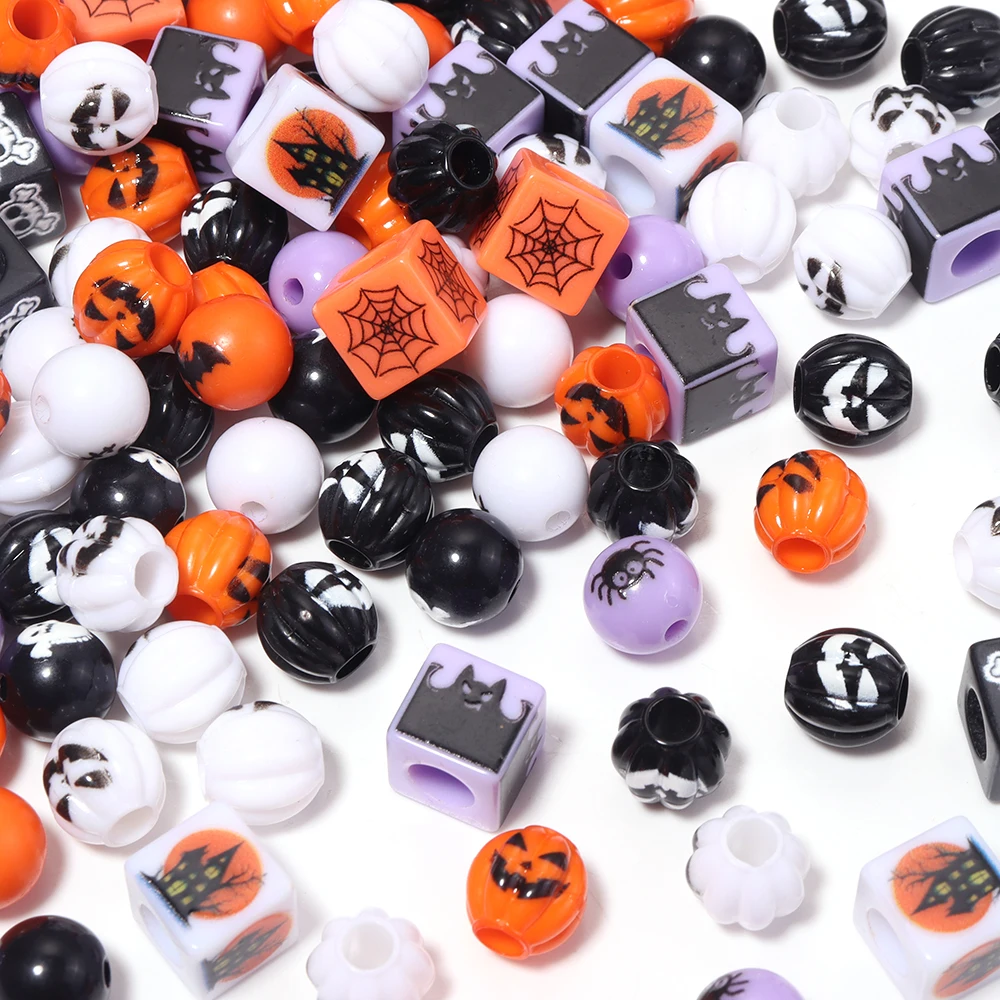 10-20pcs Halloween Series Acrylic Beads Pumpkin Skull Ghost Spider Pattern Loose Beads For DIY Jewelry Bracelets Phone Key Chain