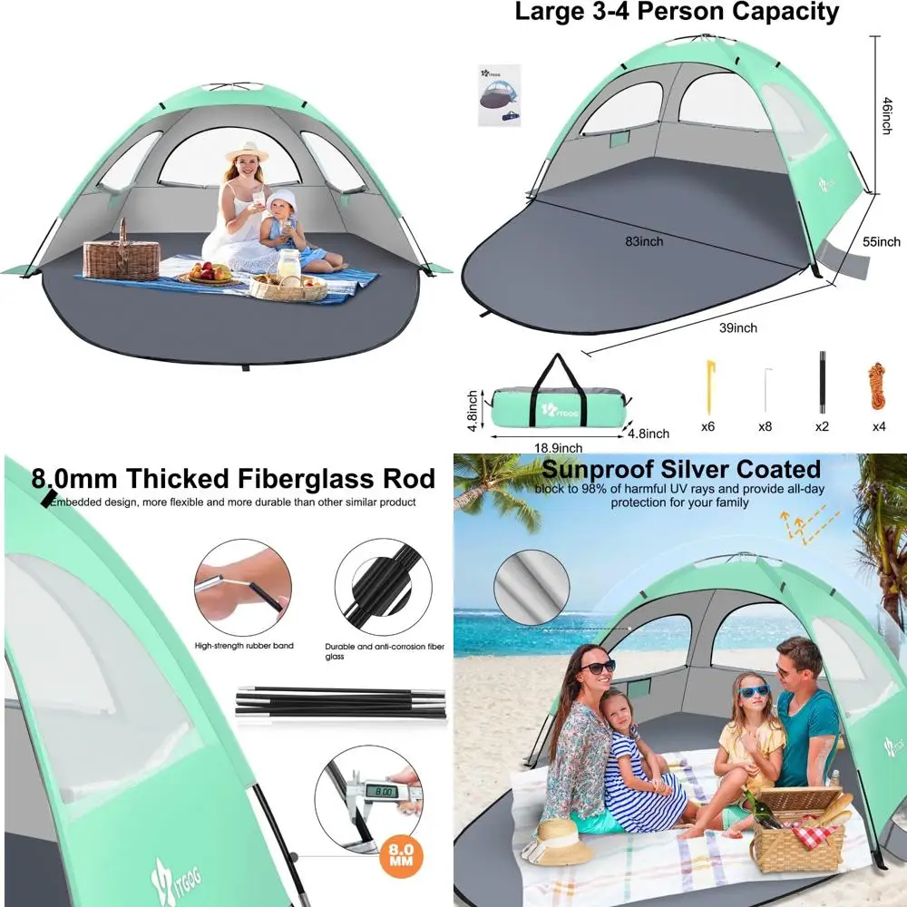 مأوى شاطئ عائلي محمول، خيمة شمسية محمية من الأشعة فوق البنفسجية تتسع لـ 3-4 أشخاص، خفيفة الوزن مع 3 نوافذ شبكية جيدة التهوية، قوية 8.0 مم