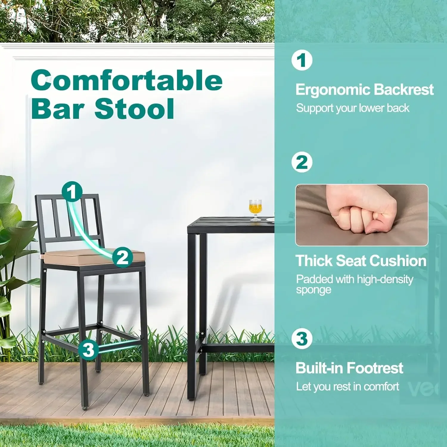 3 Piece Outdoor Patio Bar Set, 55" Rectangular Pub Height High Top Bar Table with 2 Cushioned  Stools, MetalTable