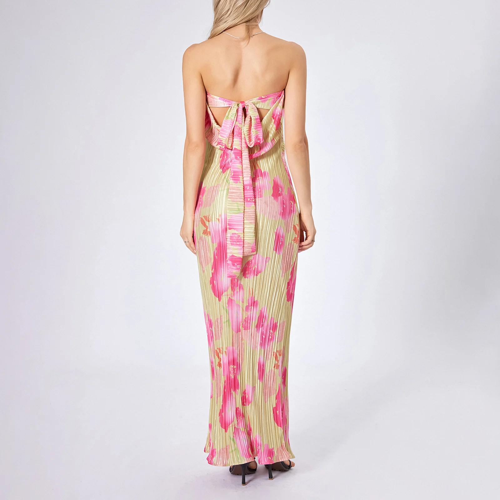 Lange getailleerde damesjurk effen kleur/bloemen avondjurk mouwloze off-shoulder strapless jurk