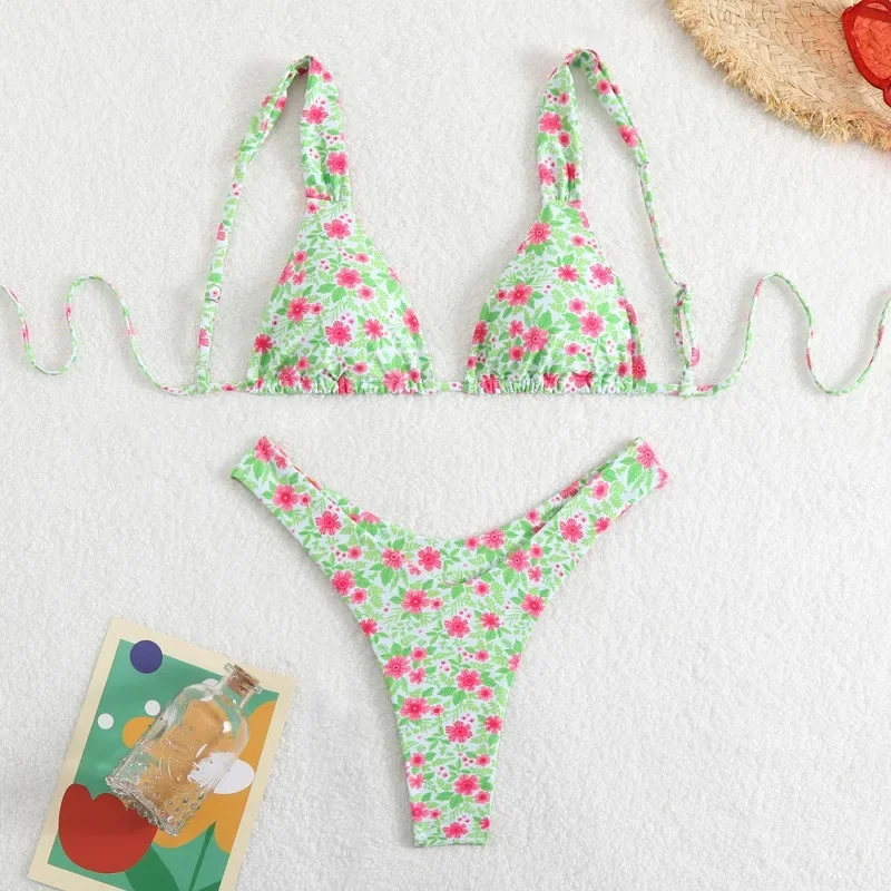 Women\'s Sexy Halter Bikini Sets  Floral Flower Print Bikini Swimsuits Tie Side Triangle Bathing Suits Swimwear