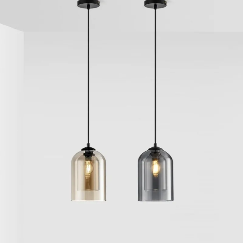 

Nordic Simple Bedside Restaurant Single-headed Pendant Lights Personalized and Creative Double-layer Electroplated Glass Lamps