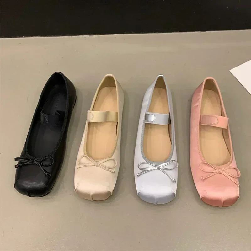 Zapatos de Ballet de seda satinada de lujo para mujer, mocasines clásicos con punta cuadrada y pajarita, banda elástica, bailarinas, suaves