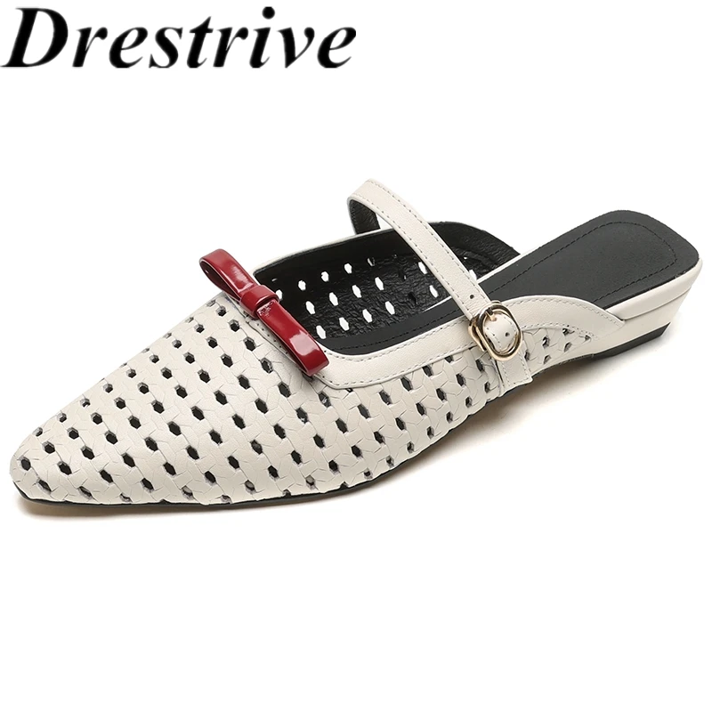 

Drestrive 2025 Fashion Women's Pumps Pointed Toe Butterfly Knot Summer Shoes Cow Leather Mary Janes Slippers Handmade Mules