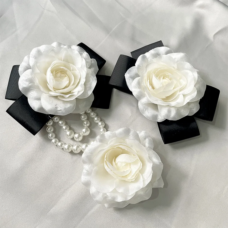 2022 Fashion Imitation Silk Fabric Camellia Flower Corsage Brooches Cream Color Pearl Ribbon Bow Brooch Pin Jewellery For Women