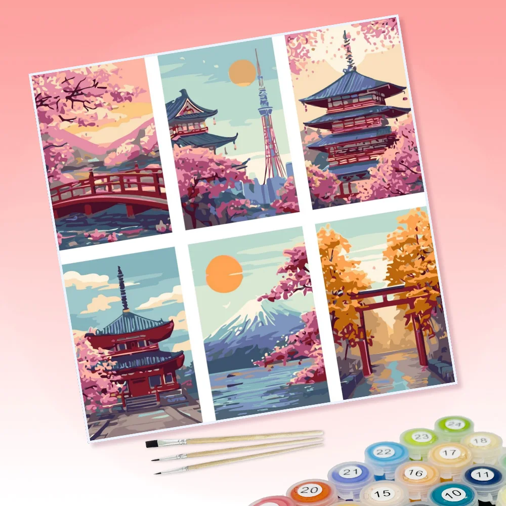 Japanese-style cherry blossom architecture scenery Art Print Collection set Art Painting By Numbers Kit DIY Canvas Art Gift