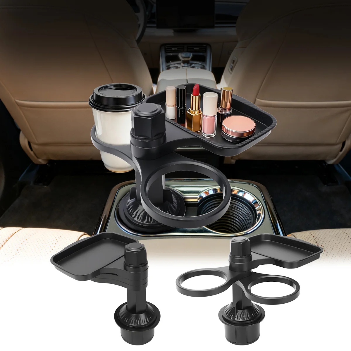 360° Rotating Design Car Cup Holder Tray-Expandable Food Table with 3in1 Detachable Sturdy Base for RV Long Trips Table Tray