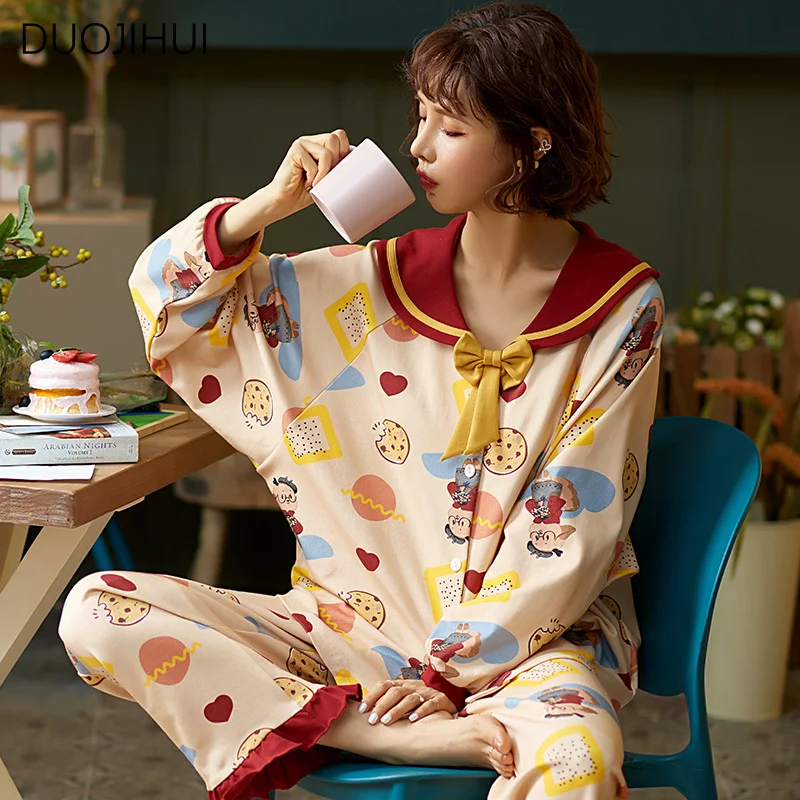 DUOJIHUI Fashion Bow Two Piece Casual Home Pajamas for Women New Sweet Print Cardigan Loose Simple Pant Winter Female Sleepwear