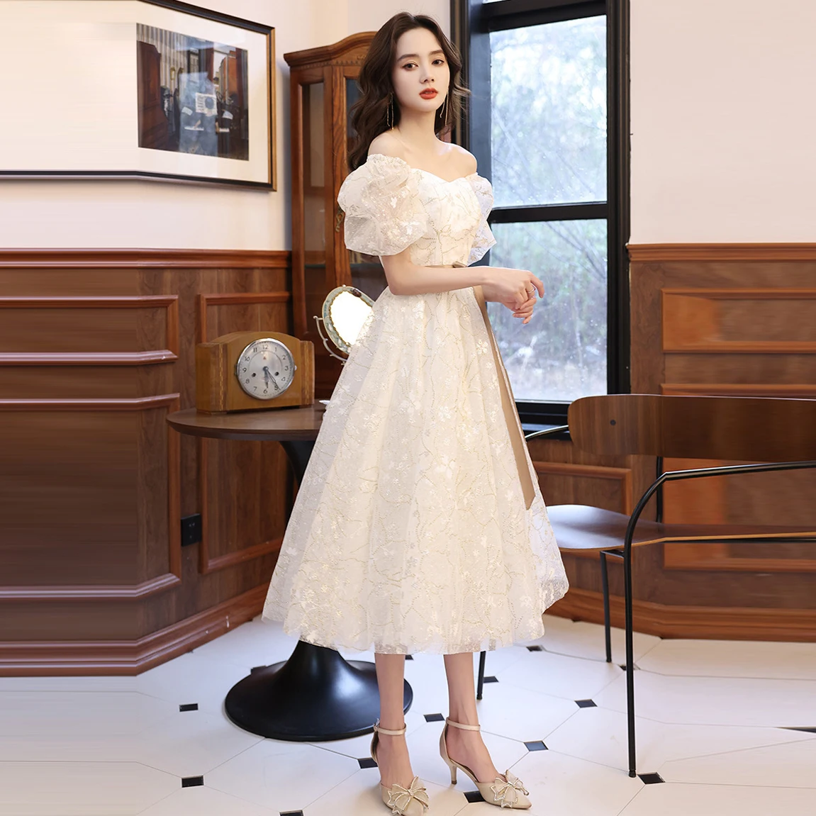 Cashmere White Girl Evening Dress Puff Sleeves Elegant Mid-Length Dress Banquet Celebrity Temperament Host Dress