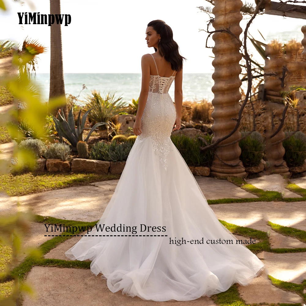 신부를위한 현대 웨딩 드레스 인어 백리스 코르셋 스팽글 아플리케 스파게티 스트랩 스파클링 로브 드 마리에 맞춤형