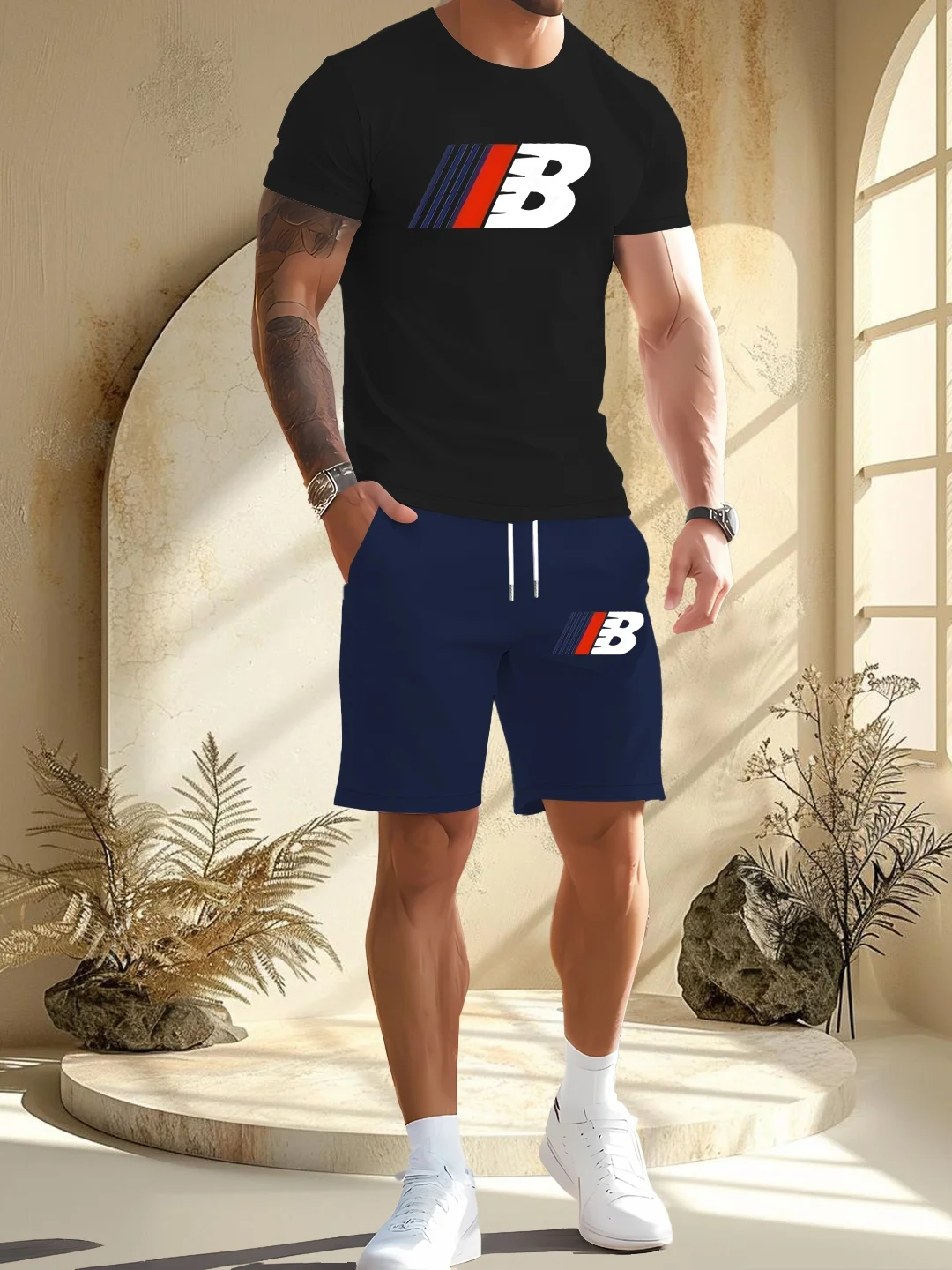 Men's casual shorts and short-sleeved suits simple yet modern breathable round neck loose lettered