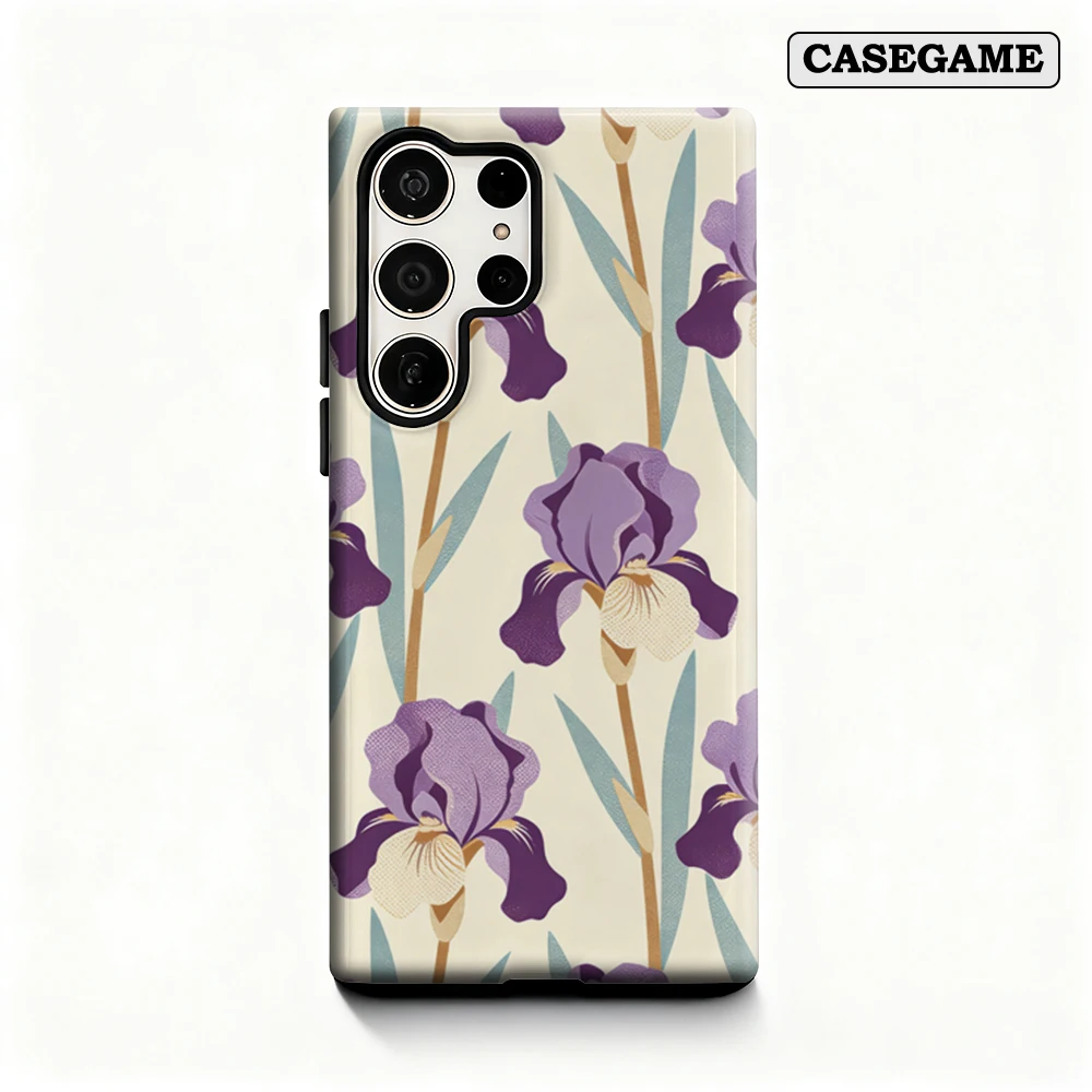 Casegame Phone Case for Samsung Galaxy S26 S25 Ultra S24 S23 Plus Shockproof Double Layer Tough Back Purple Iris Floral Cover