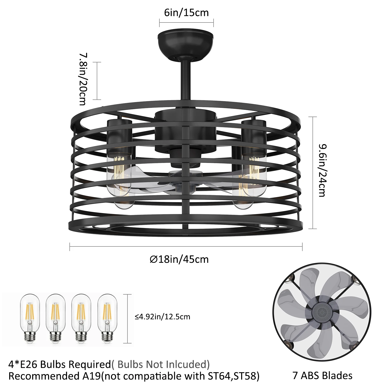 18-inch Caged Ceiling Fan with Light,Low Profile Ceiling Fan with Remote Control and Reversible Blades for Kitchen and Bedroom