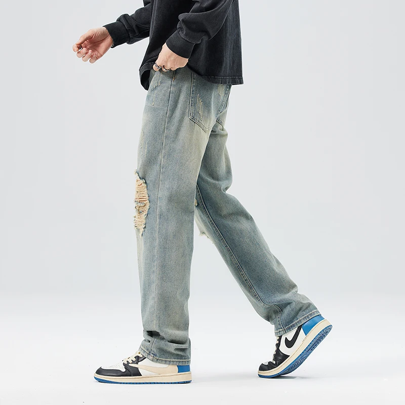 2024 new retro summer personality street broken holes jeans Slim thin versatile loose straight trousers
