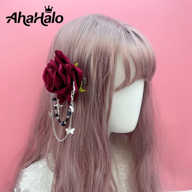 Presilhas de cabelo com asas de anjo, flores vermelhas, presilha de renda, penas, gótico, lolita, cosplay, acessórios para cabelo, para mulheres e meninas