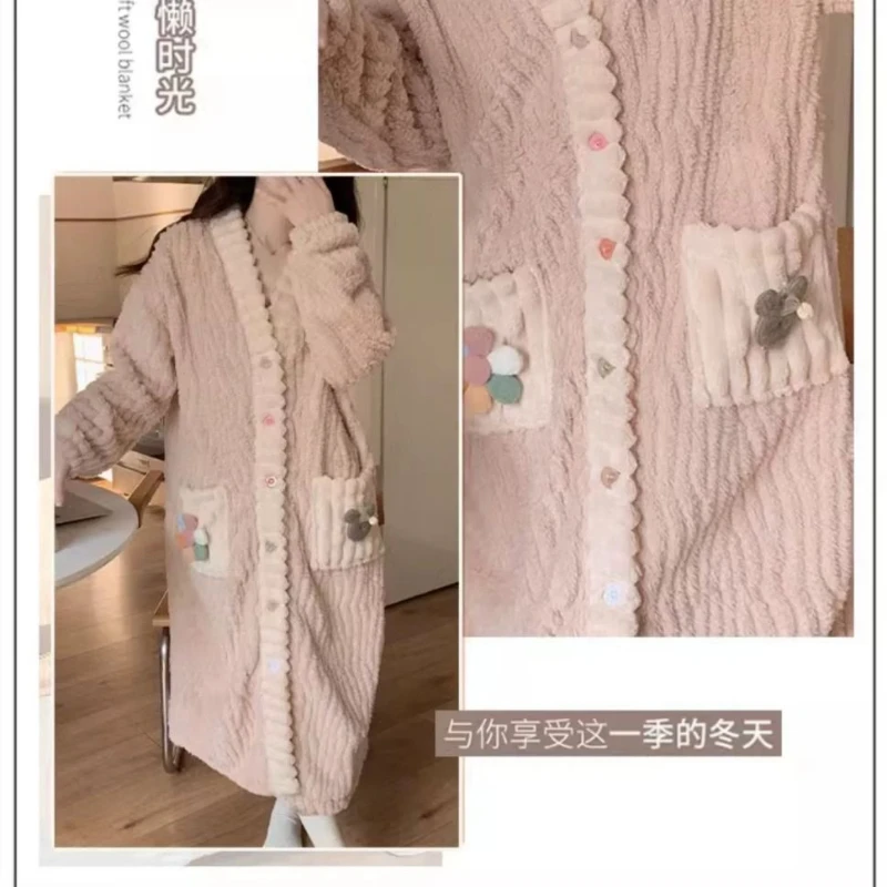 Plush Thick Coral Fleece Robes Women Button Sleepwear Printing Simple Long Sleeve Warm Extra Long Soft Fluffy Fleece Homewear