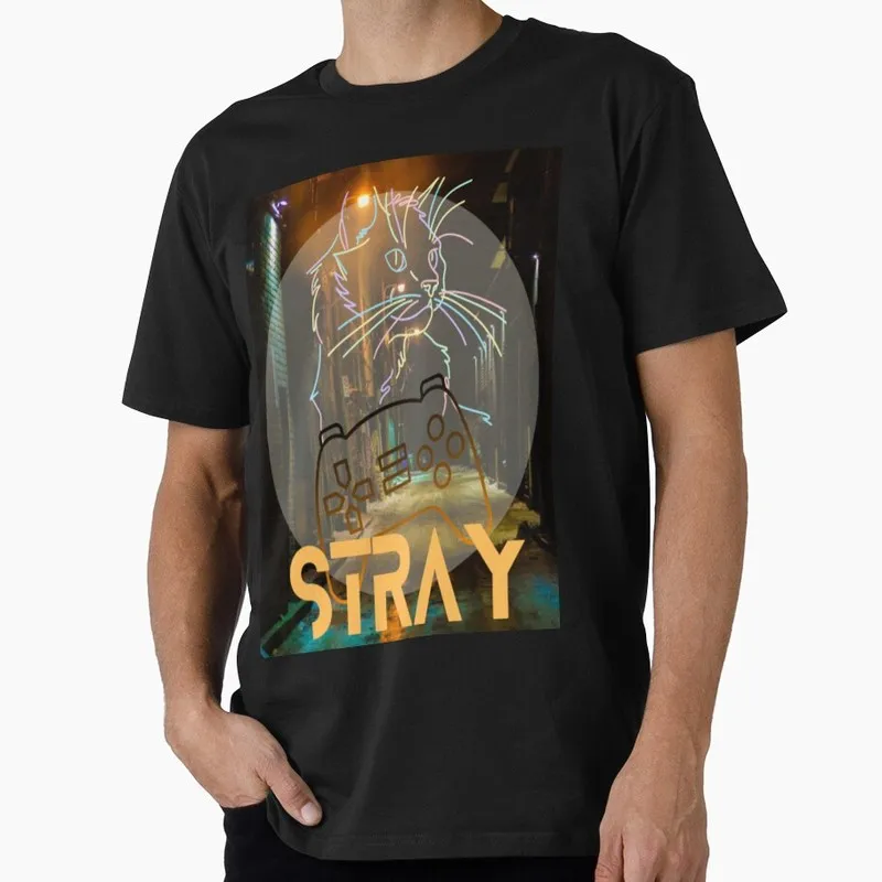 Stray Video Game Cat Graphic T‑Shirt O‑Neck Short Sleeve Unisex Tees Cyberpunk Stray Cat Print Casual Streetwear For Gamer Fans