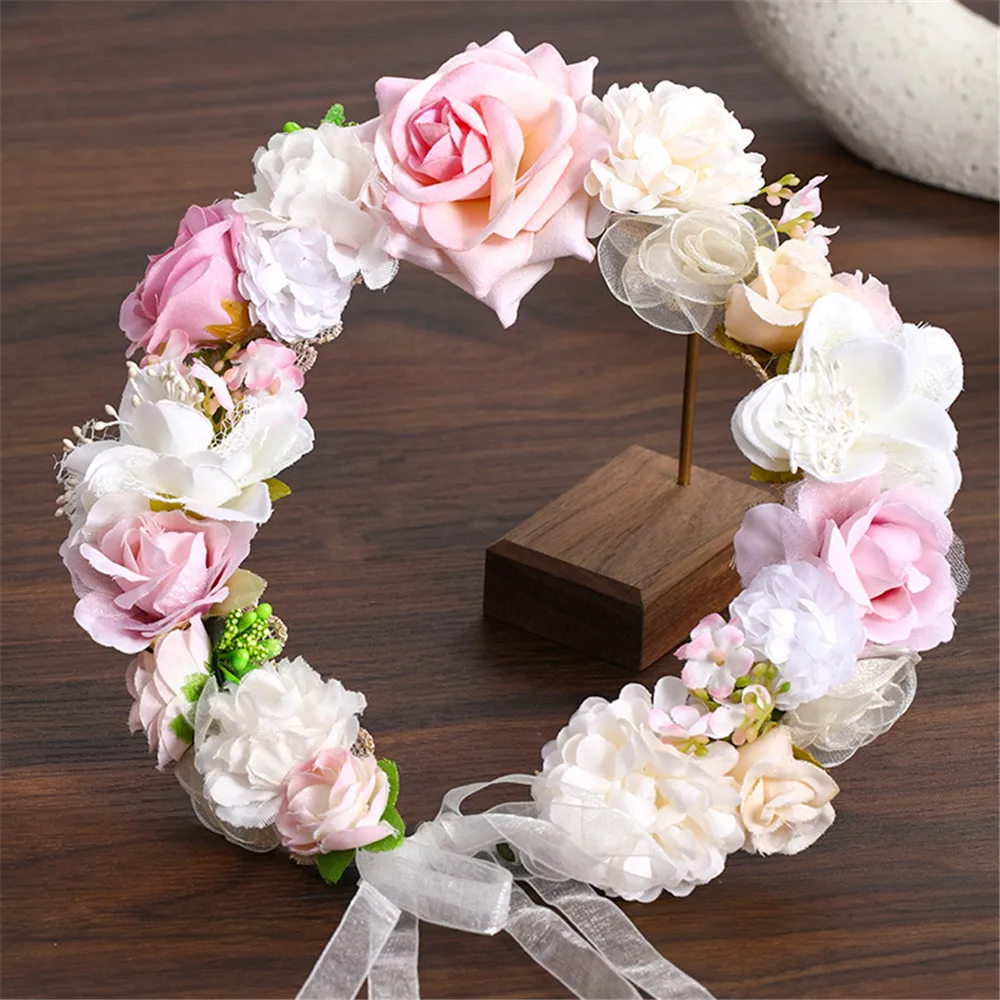 Artificial Flower Wreath Bride Women Flower Crown Hair Band Wedding Floral Headband Garland Ribbon Girl Hair Accessories