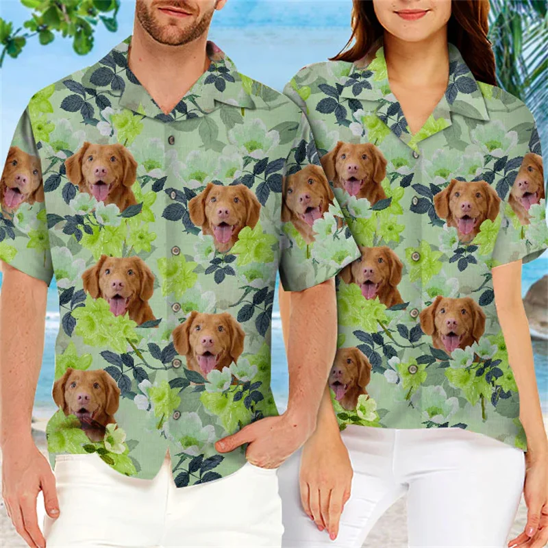 Candy Cane & Gingerbread Pattern Men Hawaiian Shirt Summer Cool Women Children Dog Face Short Sleeve Tops Vacation Shirts Gift