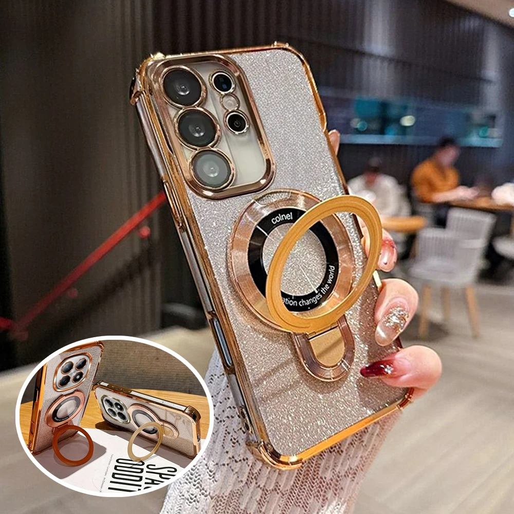 Glitter 4-Point Anti Fall Plating Kickstand Phone Case For Samsung A53 A52 A32 A13 A23 A33 A73 A12 A22 A03S Magnetic Soft Cover