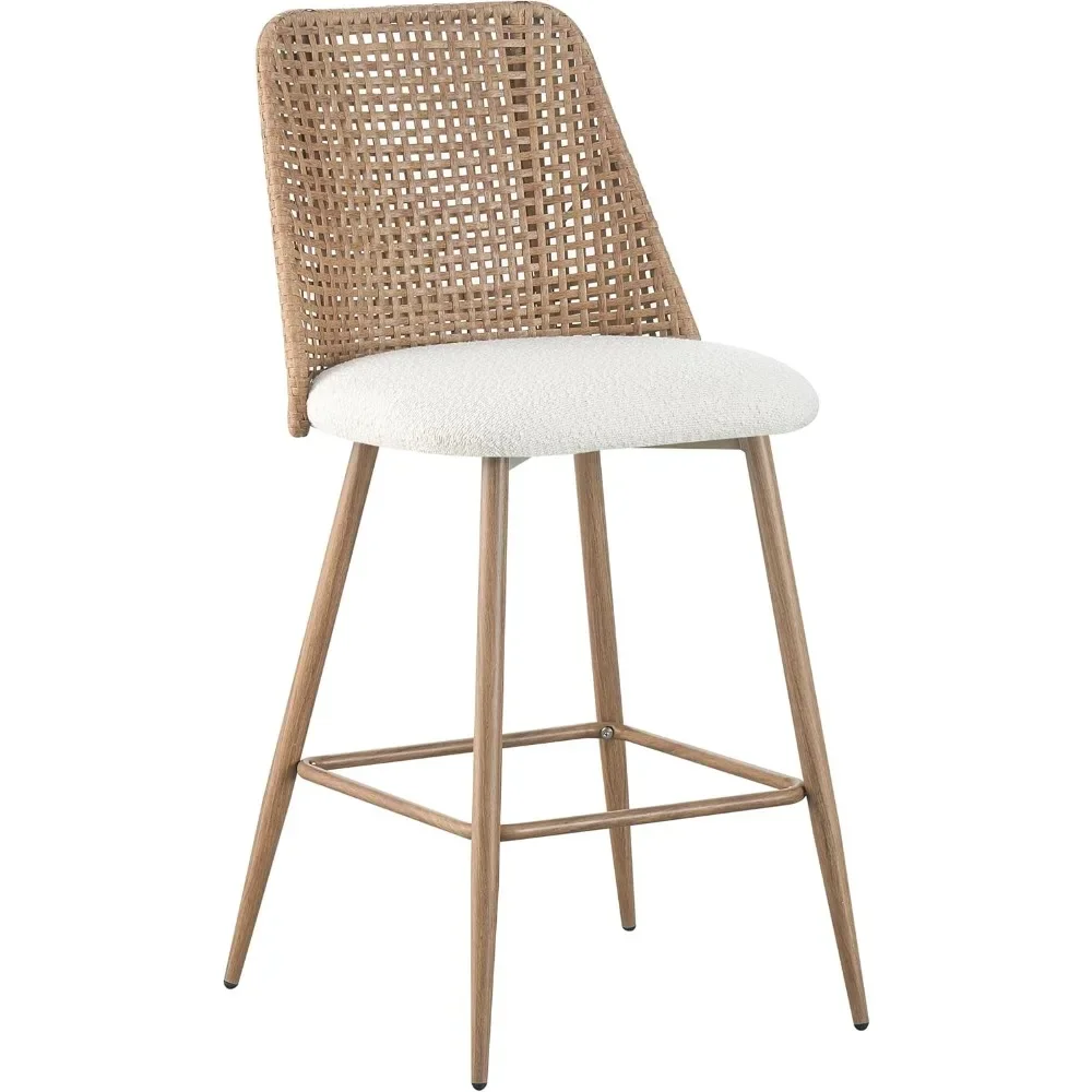 Rattan Counter Height Bar Stools, Upholstered Boucle Barstools with PE Rattan Back,Stools Armless Bar Chairs