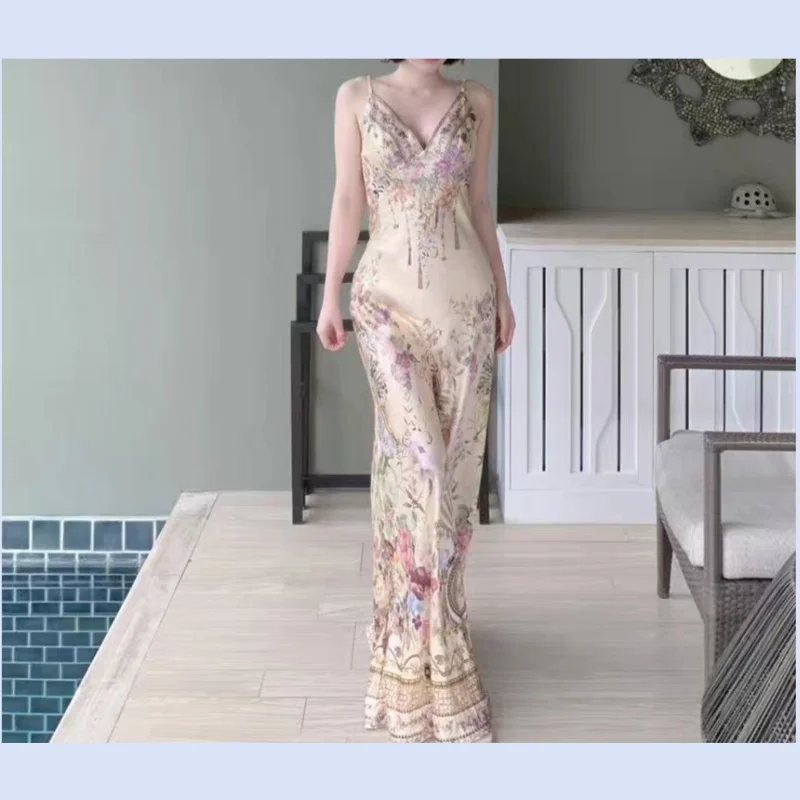 

Australian niche romantic style 26 year spring/summer new champagne printed silk V-neck suspender long dress