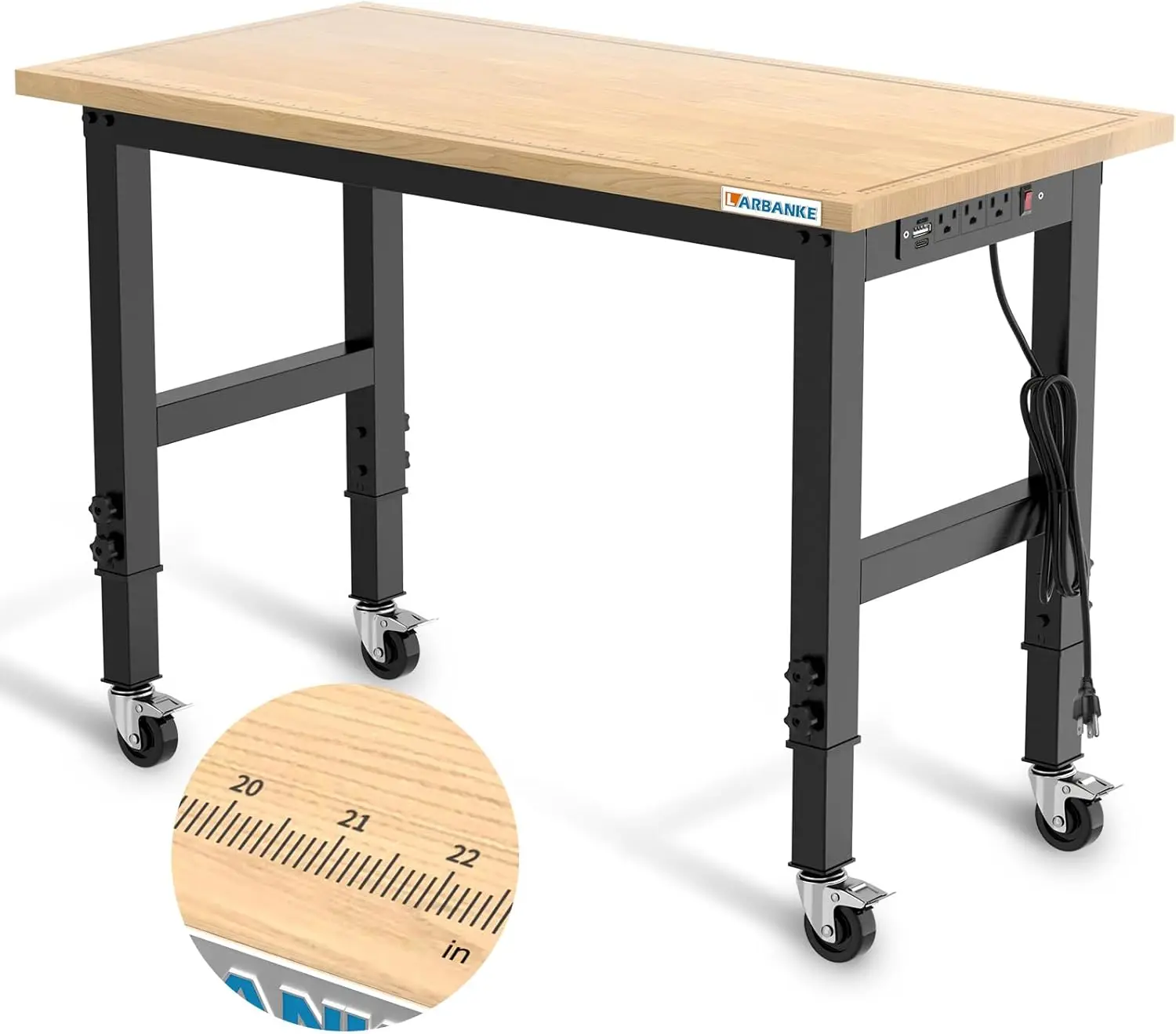 Heavy-Duty Adjustable Workbench with Brake Wheels,Hardwood Worktable Weight Capacity Over 2000 Lbs,Rubber Wood Workbench has