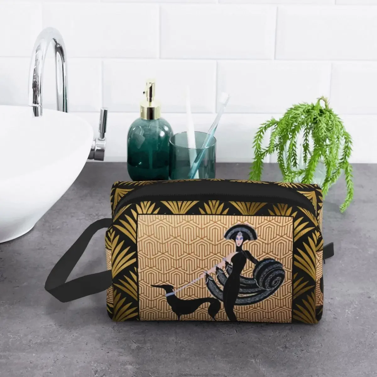 Trousse de maquillage Art Deco Erte Greyhound pour femmes, trousse de toilette de voyage, trousse de rangement pour chien Whippet Sighthound,