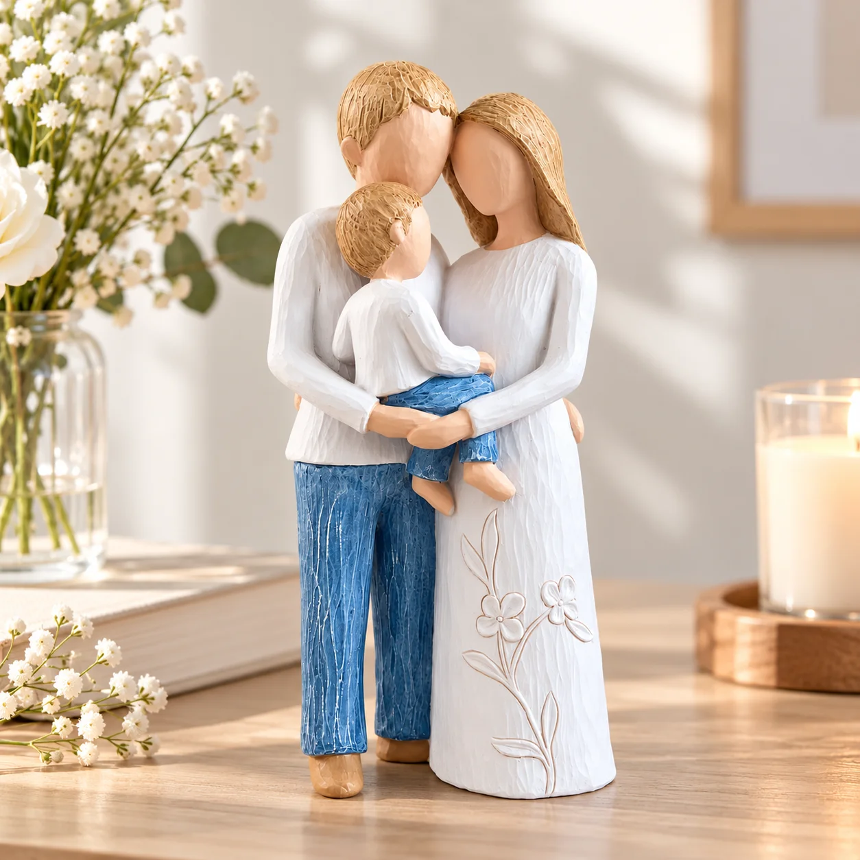 Handmade Resin Family of Three Statue - Touching Sculpture of Parents And Children Gift for Mom And Dad Ideal Home Decor Theme